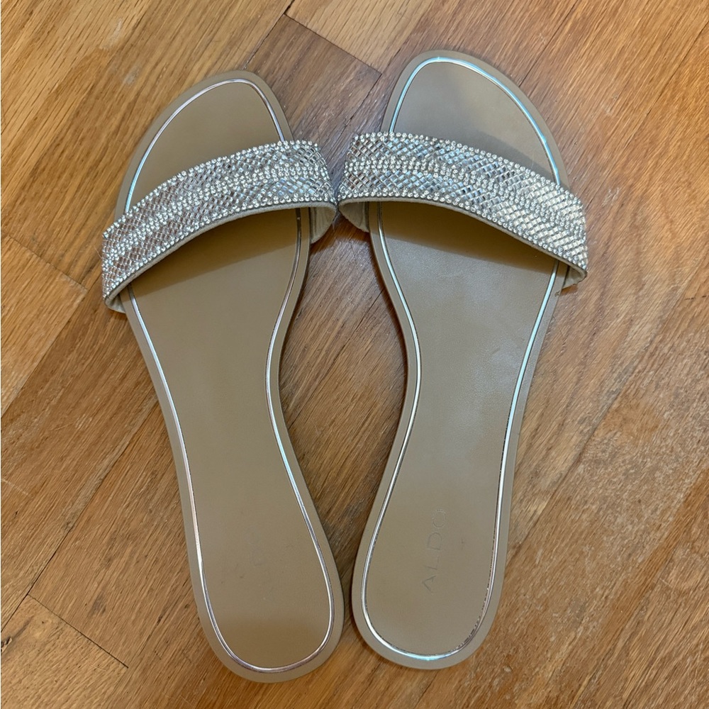 ALDO Rhinestone Embellished Flat Slide Sandals Neutral Bling